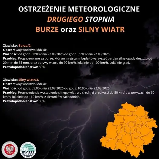 IMGW ostrzega: burze i silny wiatr w województwie łódzkim