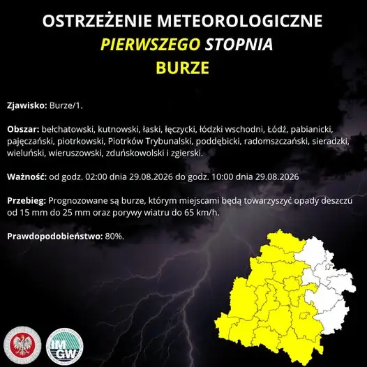 Ostrzeżenie IMGW: Burze nad województwem łódzkim – silny wiatr i ulewy