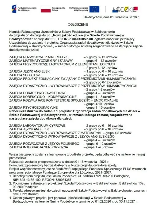 Bałdrzychów: trwa nabór uzupełniający na zajęcia dodatkowe dla uczniów szkoły podstawowej
